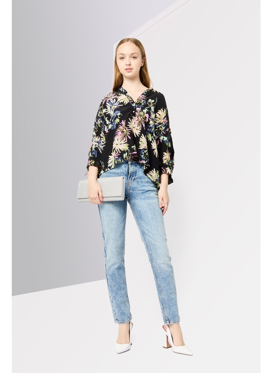 Scotch & Soda Women Band Collar 3/4 Sleeves Allover Print Blouse, Multicolor  - Image 2