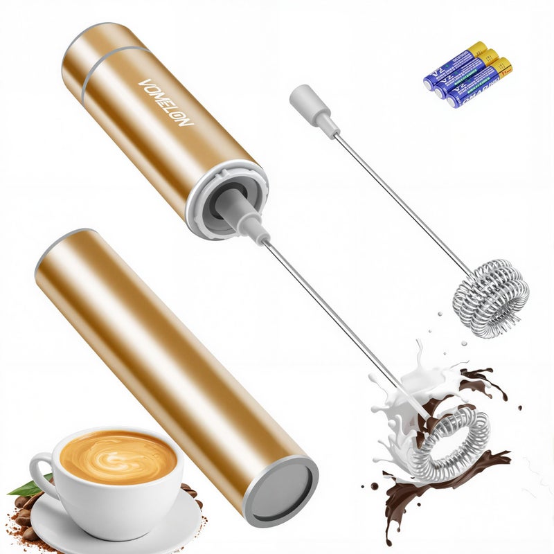 Vomelon Milk Frother Handheld Battery Operated Coffee Foamer Drink Mixer with 2 Stainless Steel Electric Whisks for Coffee Latte Cappuccino Hot Chocolate Protein Batteries Included Golden 