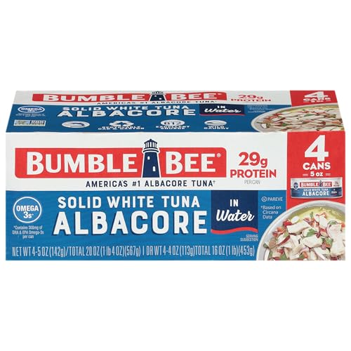 Bumble Bee Solid White Albacore Tuna in Water 5 oz Can Pack of 4  Wild Caught Tuna  29g Protein per Serving High in Omega3s  NonGMO Project Verified Gluten Free Kosher - Image 1