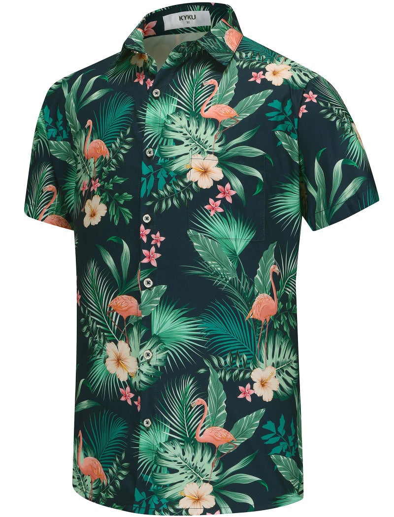 KYKU Men's Hawaiian Shirts Vacation Button Up Shirt Flamingo, Green, Small - Image 2