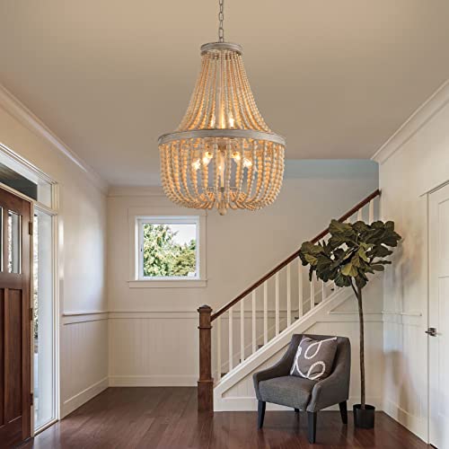QS Q&S Farmhouse Wood Beaded Chandelier,Oak White 8-Lights Retro Vintage Antique Rustic Boho Pendant Light Fixture for Foyer Living Room Bedroom Kitchen Dining Room Office Nursery UL Listed - Image 4