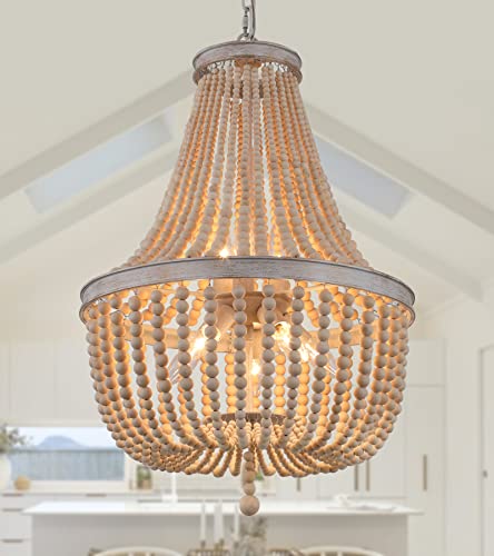 QS Q&S Farmhouse Wood Beaded Chandelier,Oak White 8-Lights Retro Vintage Antique Rustic Boho Pendant Light Fixture for Foyer Living Room Bedroom Kitchen Dining Room Office Nursery UL Listed - Image 1