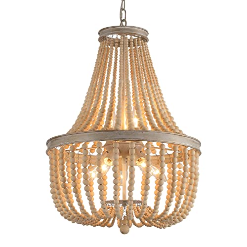 QS Q&S Farmhouse Wood Beaded Chandelier,Oak White 8-Lights Retro Vintage Antique Rustic Boho Pendant Light Fixture for Foyer Living Room Bedroom Kitchen Dining Room Office Nursery UL Listed - Image 2