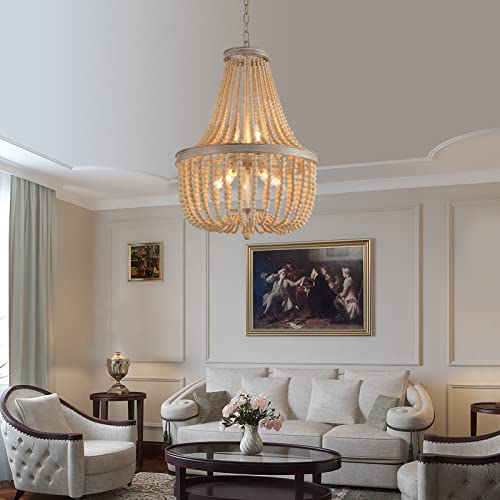 QS Q&S Farmhouse Wood Beaded Chandelier,Oak White 8-Lights Retro Vintage Antique Rustic Boho Pendant Light Fixture for Foyer Living Room Bedroom Kitchen Dining Room Office Nursery UL Listed - Image 5