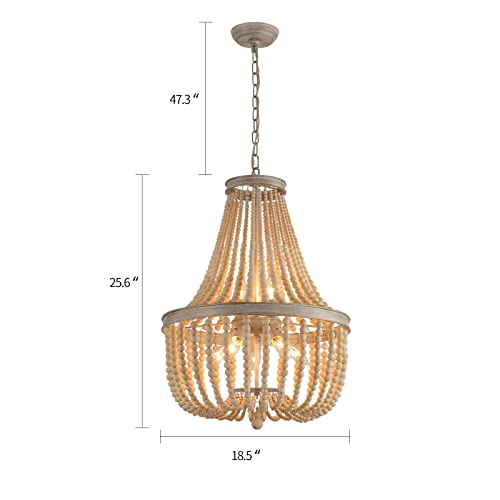 QS Q&S Farmhouse Wood Beaded Chandelier,Oak White 8-Lights Retro Vintage Antique Rustic Boho Pendant Light Fixture for Foyer Living Room Bedroom Kitchen Dining Room Office Nursery UL Listed - Image 3
