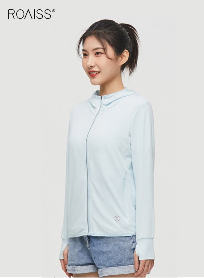 roaiss Women's Upf 50+ UV Sun Protection Clothing Zip up Hoodie Long Sleeve Sun Shirt Fishing Hiking Outdoor Jacket Comfortable, Breathable Sun-Protective Clothing with Pockets Blue - Image 4