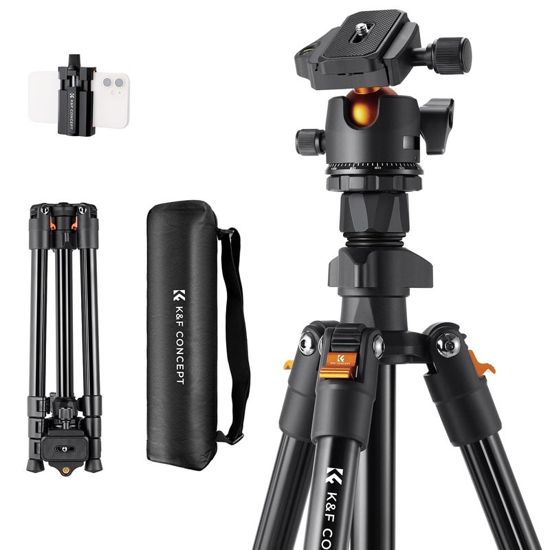 K&F Concept 64 inch/163cm Camera Tripod,Lightweight Travel Outdoor DSLR Tripods with 360 Degree Ball Head Load Capacity 8kg/17.6lbs,Cellphone Clip for Smartphone Live Streaming Vlog K234A0+BH-28L - Image 1