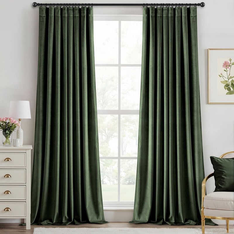 ANRODUO Olive Green Velvet Curtains 96 Inches Long Blackout Thermal Insulated Soundproof Curtain Privacy Room Darkening Curtains Pinch Pleat Window Drapes for Bedroom Living Room 42 x 96 Inch Set of 2 - Image 1