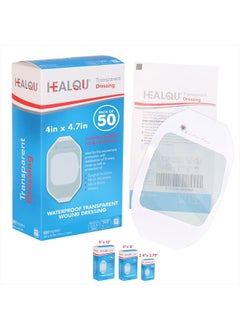 Transparent Film Dressing, 4" x 4 3/4" Box of 50 - Waterproof Wound Bandage Adhesive Patches, Post Surgical Shower or IV Shield, Tattoo Aftercare Bandage by Healqu