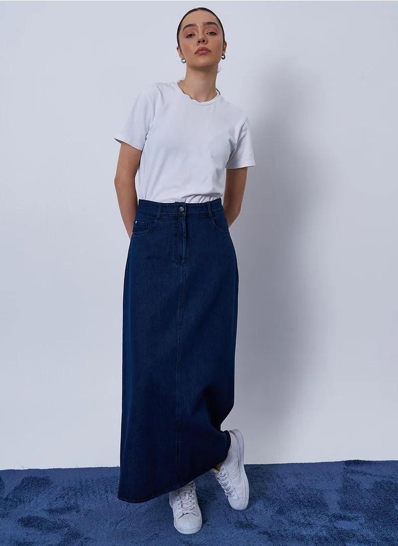 Kayra Pocket Detailed Denim Skirt Navy