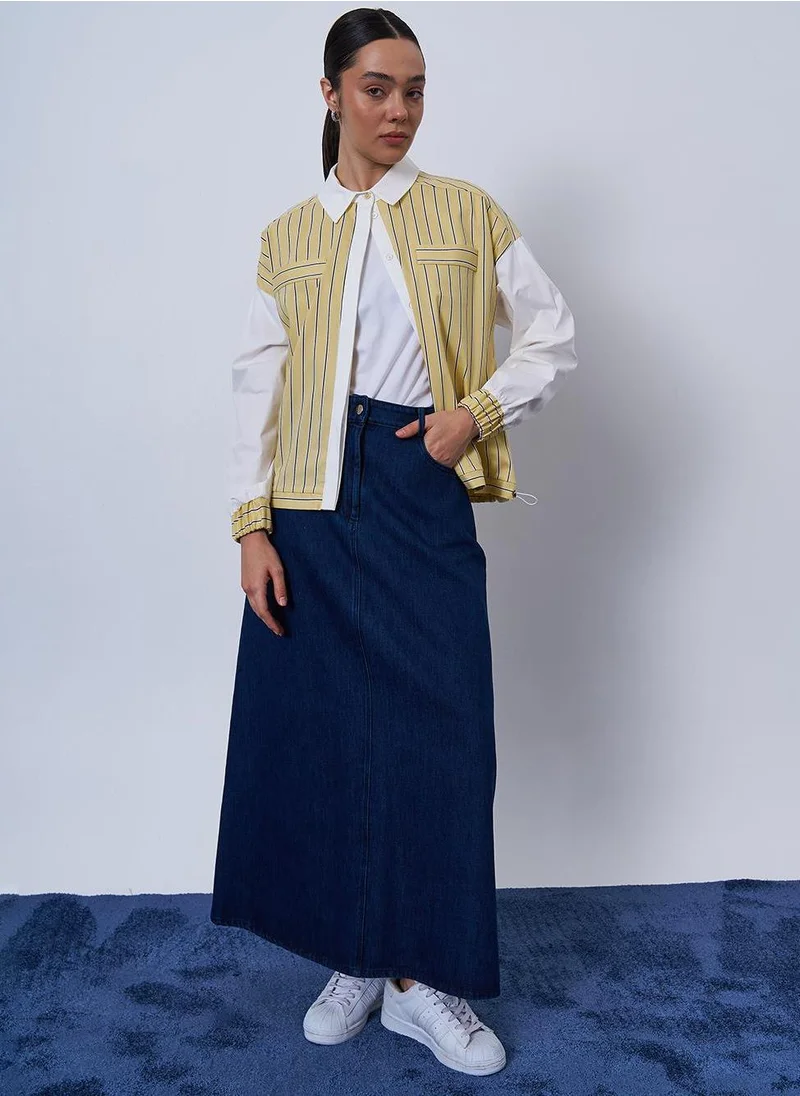 Kayra Pocket Detailed Denim Skirt Navy