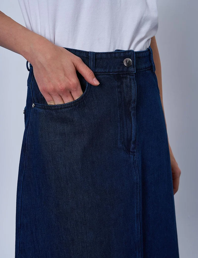 Kayra Pocket Detailed Denim Skirt Navy