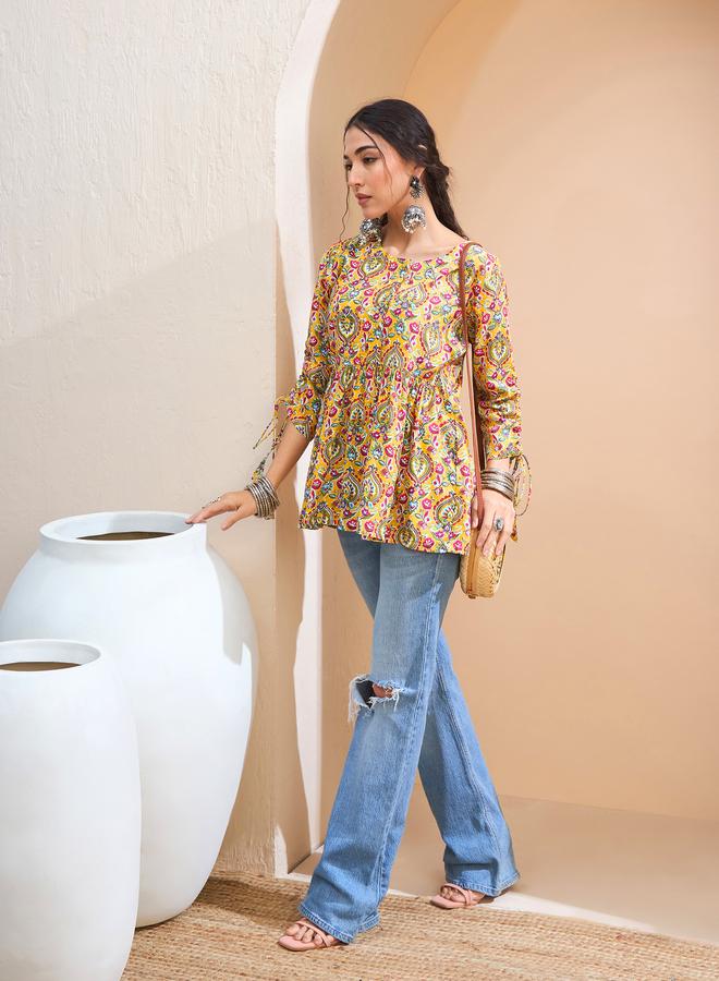 SASSAFRAS Yellow Floral Ruching Dori Sleeves Peplum Kurti - Image 2