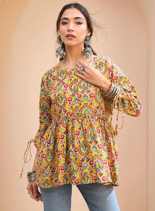 SASSAFRAS Yellow Floral Ruching Dori Sleeves Peplum Kurti - Image 1