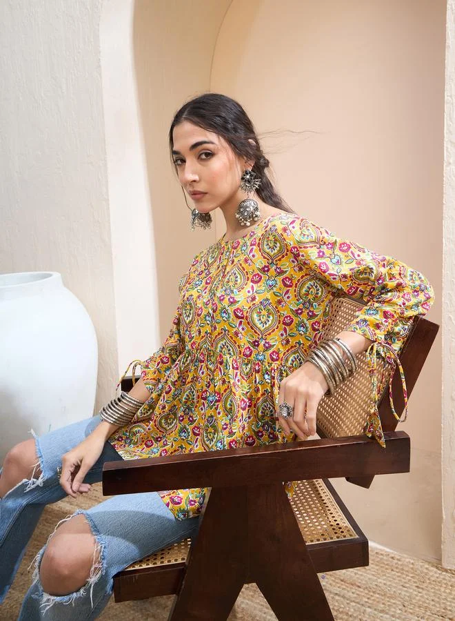 SASSAFRAS  SASSAFRAS Yellow Floral Ruching Dori Sleeves Peplum Kurti for Women | Best Price UAE