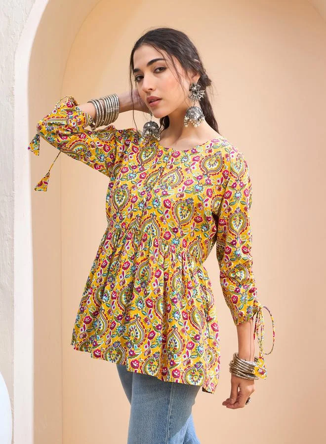SASSAFRAS  SASSAFRAS Yellow Floral Ruching Dori Sleeves Peplum Kurti for Women | Best Price UAE