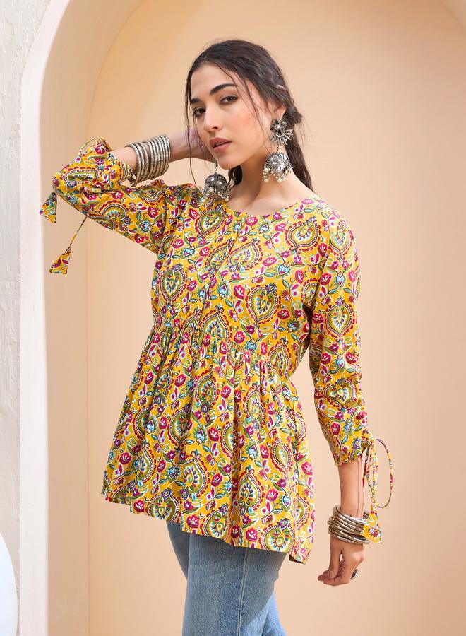 SASSAFRAS Yellow Floral Ruching Dori Sleeves Peplum Kurti - Image 3