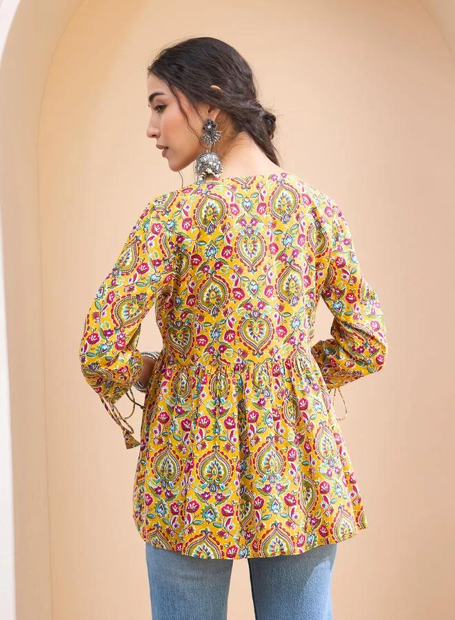 SASSAFRAS  SASSAFRAS Yellow Floral Ruching Dori Sleeves Peplum Kurti for Women | Best Price UAE