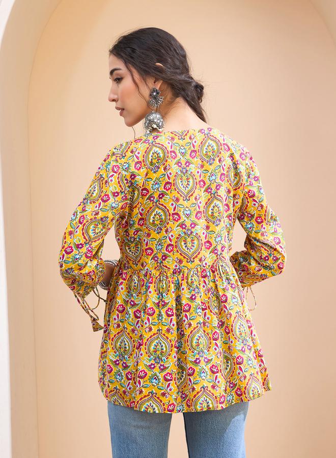 SASSAFRAS Yellow Floral Ruching Dori Sleeves Peplum Kurti - Image 5