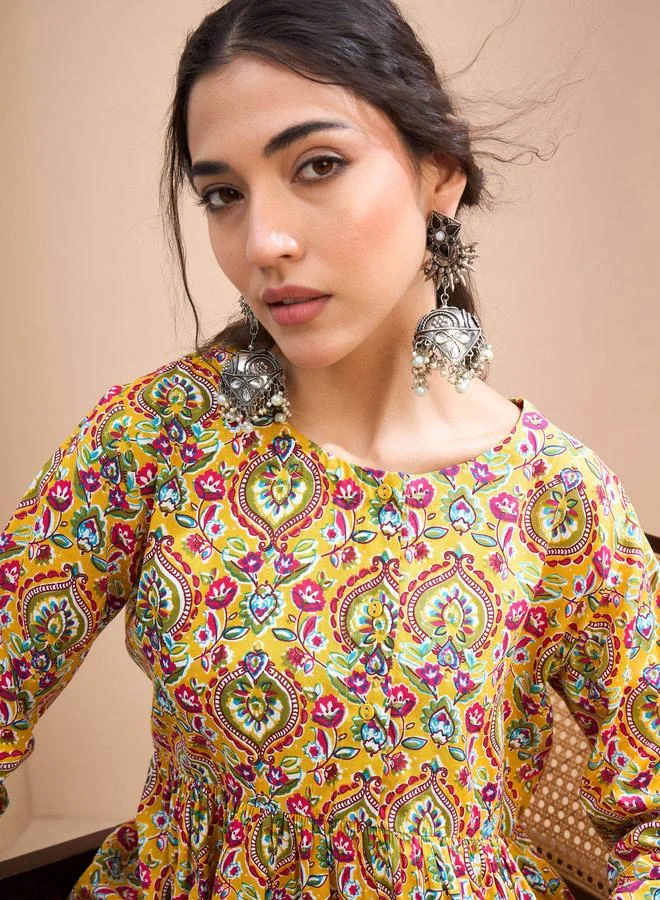 SASSAFRAS  SASSAFRAS Yellow Floral Ruching Dori Sleeves Peplum Kurti for Women | Best Price UAE