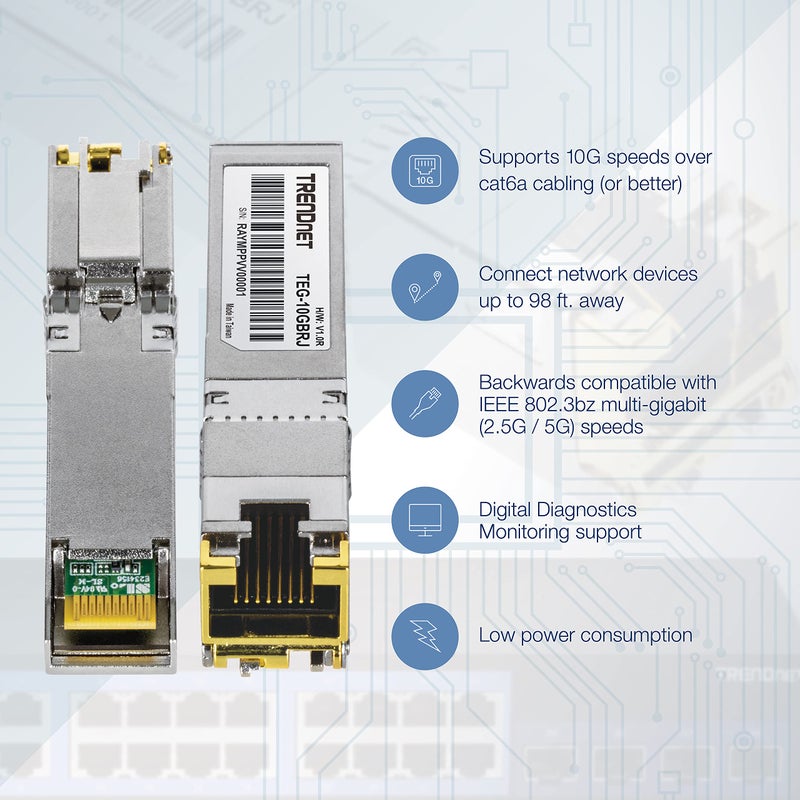 Trendnet TRENDnet 10G RJ-45 Copper SFP+ Module, Convert A Standard SFP+ Slot Into A RJ-45 Multi-Gigabit Port, Connect Devices Up to 30m (98ft), Hot-Pluggable, Lifetime Protection, Silver, TEG-10GBRJ  - Image 4