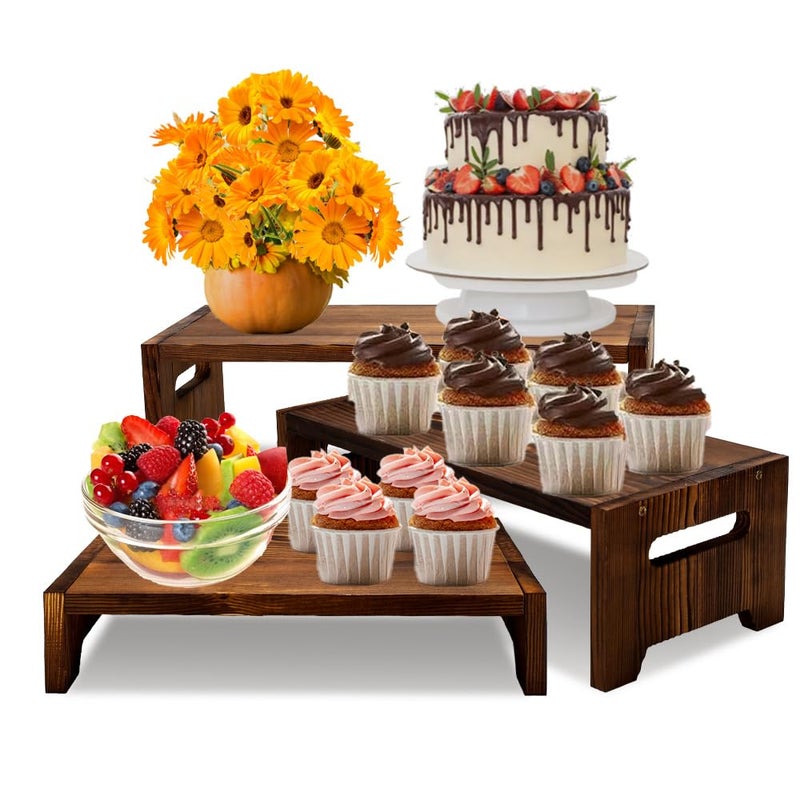 MRPAPA 3 Tier Cupcake Stand & Wood Display Risers,for Food Desserts Stand Perfume Organizer Funko POP Collections, Display Stand for Organizer and Decoration (Dark Brown-Display Riser) - Image 1