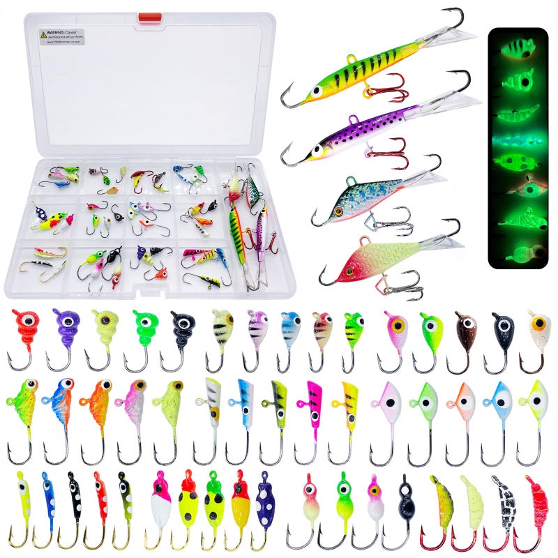 Bombite 52Pcs Ice Fishing Lures Ice Fishing Jigs Kit Glowing Paint Ice Fishing Jig Heads for Crappie Trout Perch Walleye Ice Fishing Gear - Image 1