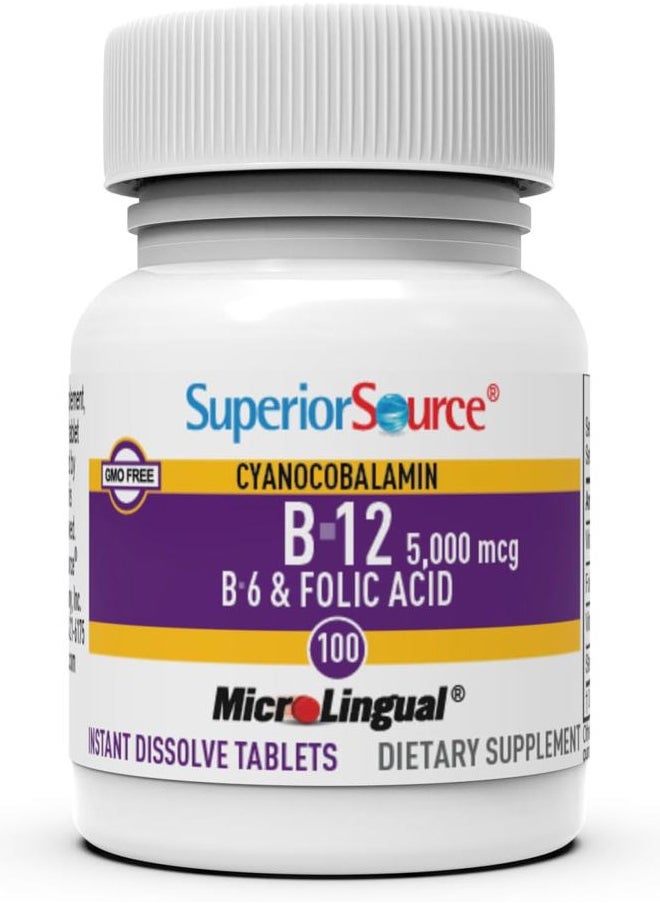 Superior Source No Shot Vitamin B-12 Cyanocobalamin 5000 mcg, B-6, Folic Acid 800 mcg - Support Brain & Heart Health - Aids Natural Energy Levels - 100 Sublingual Dissolving Tablets  - Image 3
