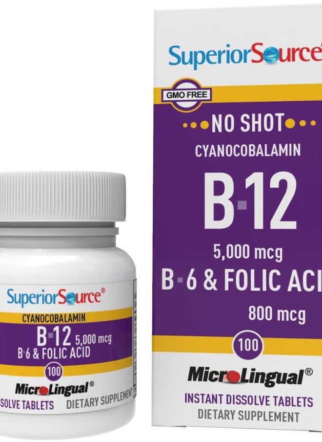 Superior Source No Shot Vitamin B-12 Cyanocobalamin 5000 mcg, B-6, Folic Acid 800 mcg - Support Brain & Heart Health - Aids Natural Energy Levels - 100 Sublingual Dissolving Tablets  - Image 1