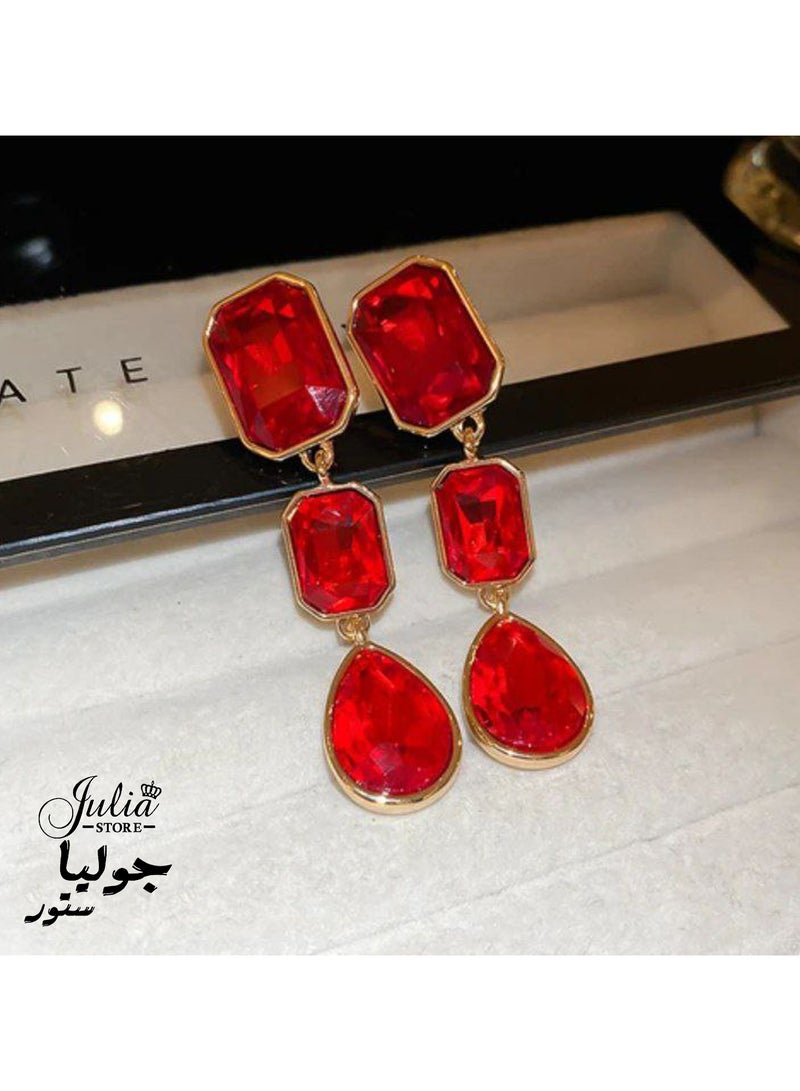 Julia Store 18K Gold Plated Stainless Steel Red Irregular Crystal Rhinestone Dangle Drop Geometry Crystal Chandelier Bohemian Big Crystal Statement Earrings Jewelry for Women  - Image 1