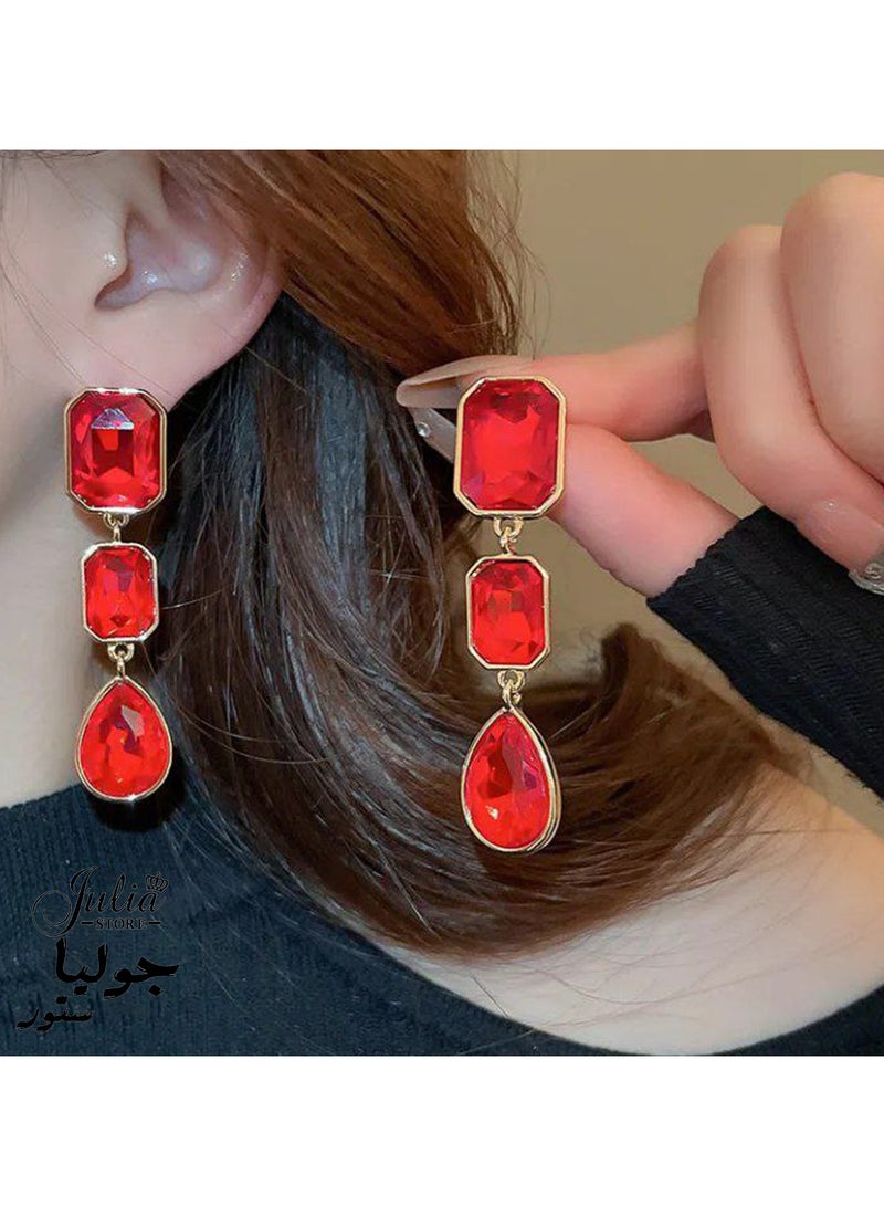 Julia Store 18K Gold Plated Stainless Steel Red Irregular Crystal Rhinestone Dangle Drop Geometry Crystal Chandelier Bohemian Big Crystal Statement Earrings Jewelry for Women  - Image 2