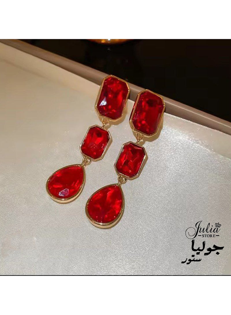 Julia Store 18K Gold Plated Stainless Steel Red Irregular Crystal Rhinestone Dangle Drop Geometry Crystal Chandelier Bohemian Big Crystal Statement Earrings Jewelry for Women  - Image 3