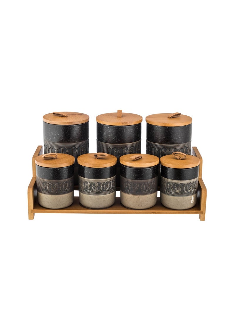 Abareek Al Safa 7-piece ceramic spice box set with wooden stand - Image 1