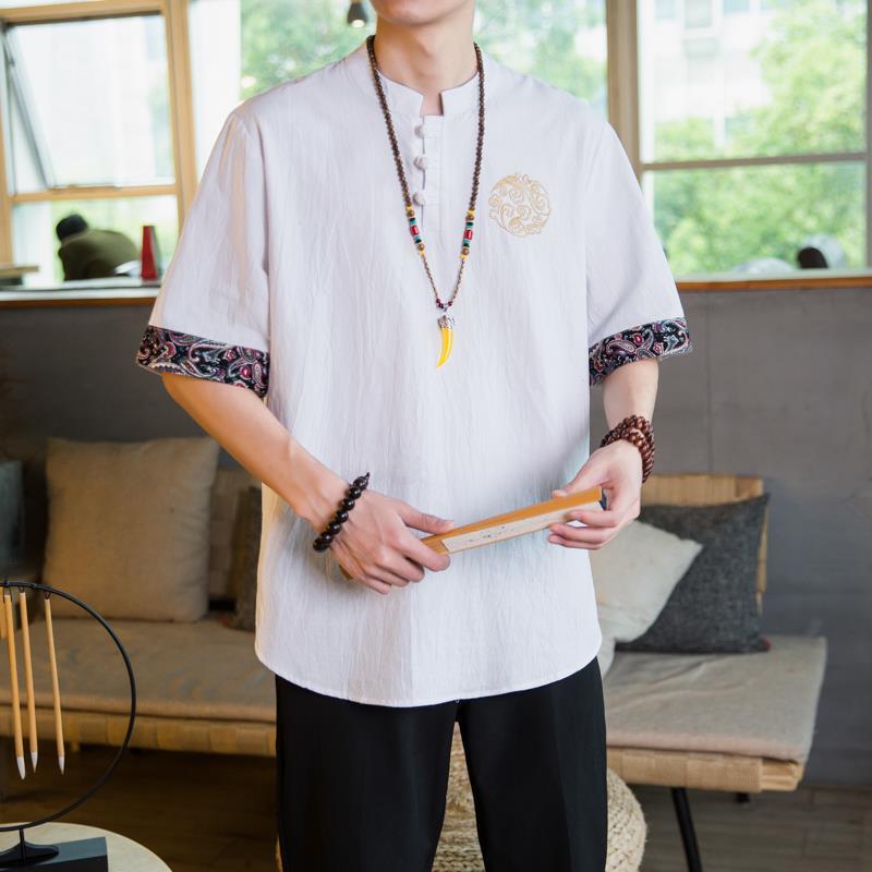 T-shirt Men's Chinese Style Embroidered Short-sleeved Linen Thin Top Trendy Brand T-shirt Cotton and Linen plus size Ethnic Style Half Sleeve - Image 3