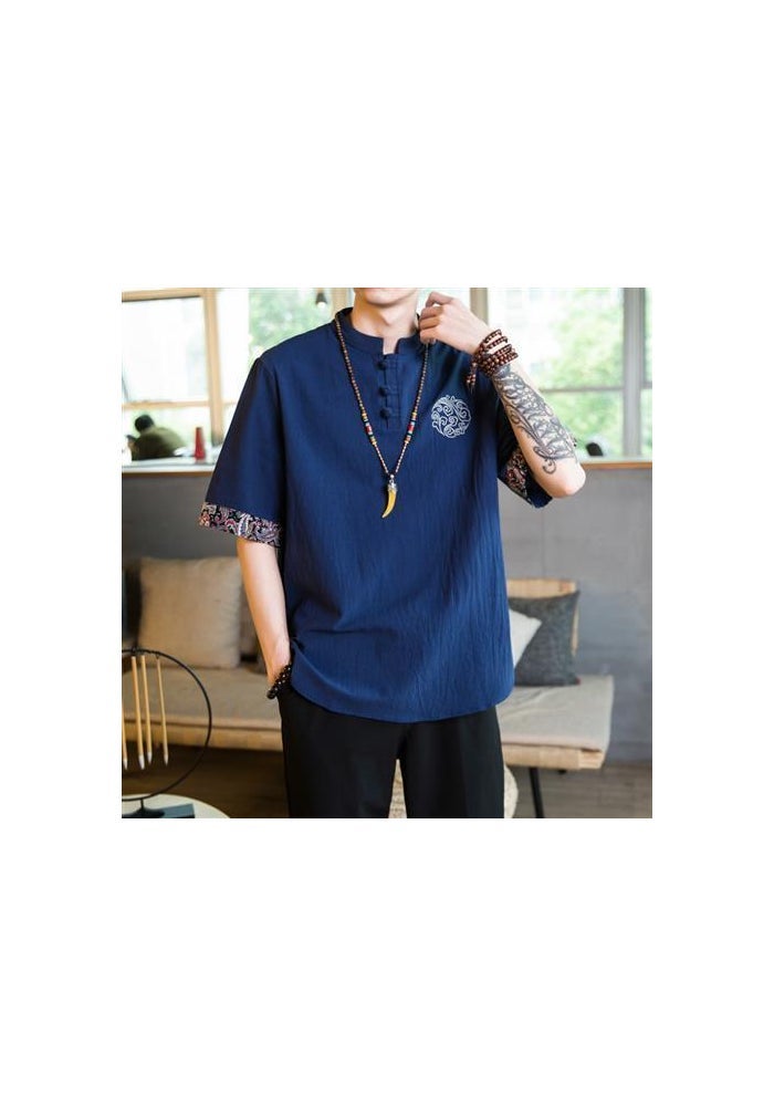 T-shirt Men's Chinese Style Embroidered Short-sleeved Linen Thin Top Trendy Brand T-shirt Cotton and Linen plus size Ethnic Style Half Sleeve - Image 1