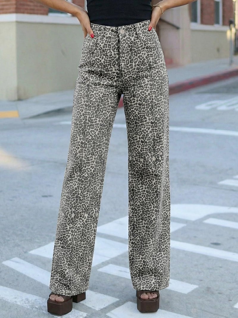 Cicy Bell Womens Wide Leg Jeans High Waisted Leopard Baggy Stretchy Denim Pants with Pockets - Image 2