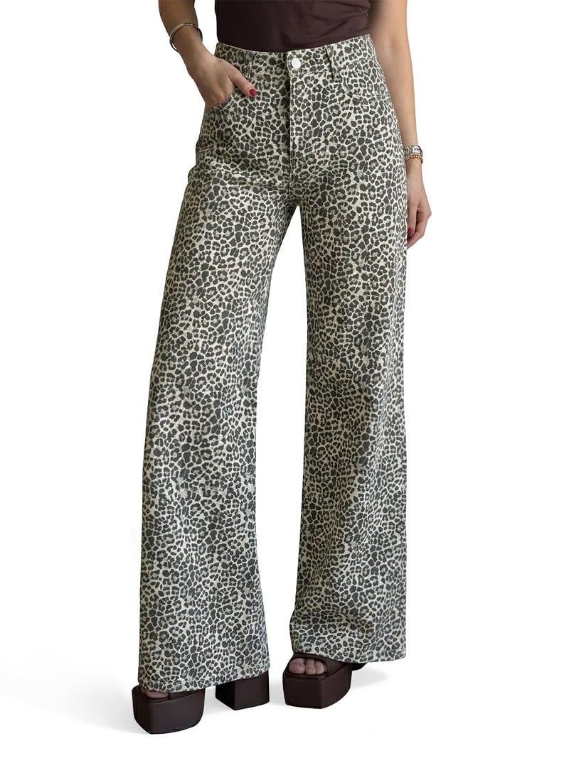 Cicy Bell Womens Wide Leg Jeans High Waisted Leopard Baggy Stretchy Denim Pants with Pockets - Image 1