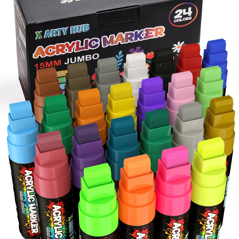 X ARTY HUB Jumbo Acrylic Paint Markers, 24 Colors (14 Classic, 6 Metallic, 4 Neon) Poster Markers with 15mm Thick Tip, Quick-Dry Paint Pens for Window Art, Banners, Signs & Large DIY Projects - Image 1