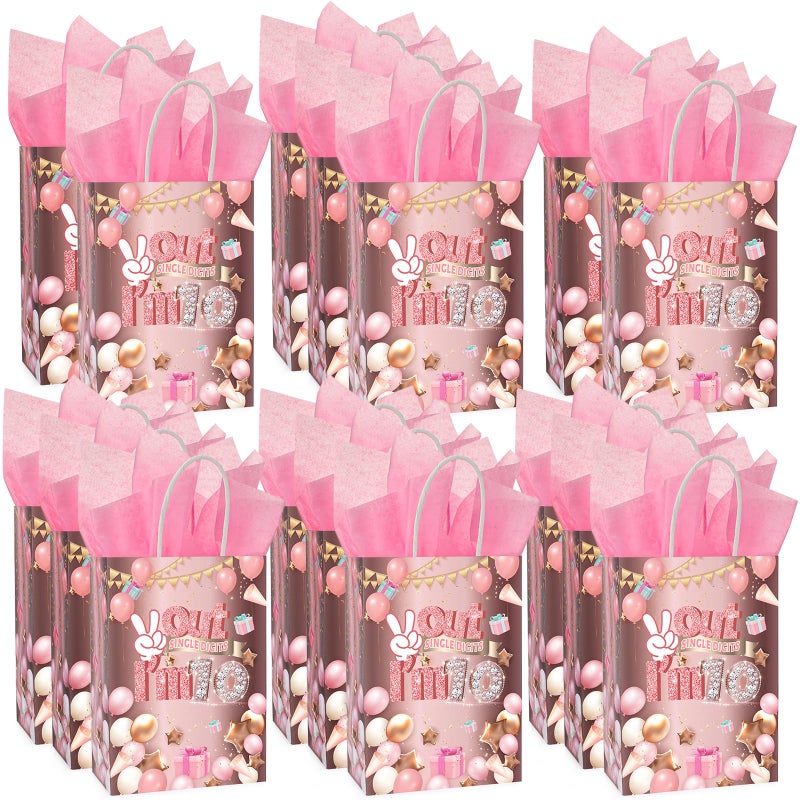 TAKEALOOKO 10th Birthday Gifts Bags - 16 Pcs Peace Out Single Digits I'm 10 Gift Bag with Tissue Paper, Rose Pink Gold Goodies Bag for Girls 10 Years Old Party Favors - Image 1
