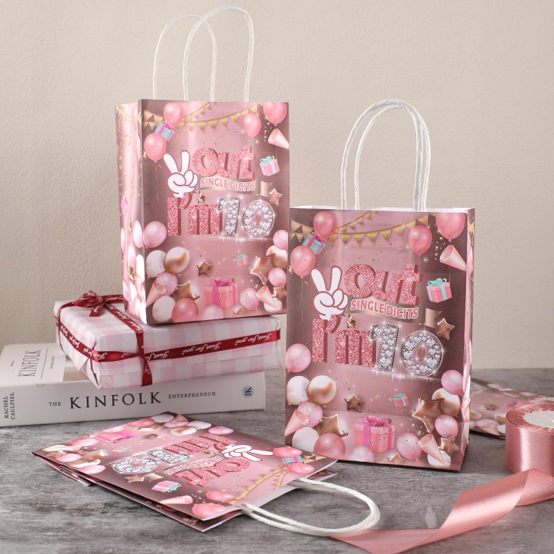 TAKEALOOKO 10th Birthday Gifts Bags - 16 Pcs Peace Out Single Digits I'm 10 Gift Bag with Tissue Paper, Rose Pink Gold Goodies Bag for Girls 10 Years Old Party Favors - Image 4