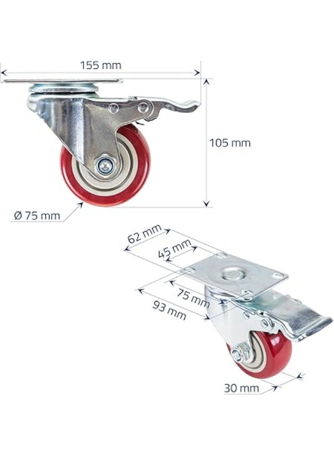 HMF Heavy Wheels with Polyurethane Brake 4 Pieces 75 mm | Up to 400 kg  Red - Image 3