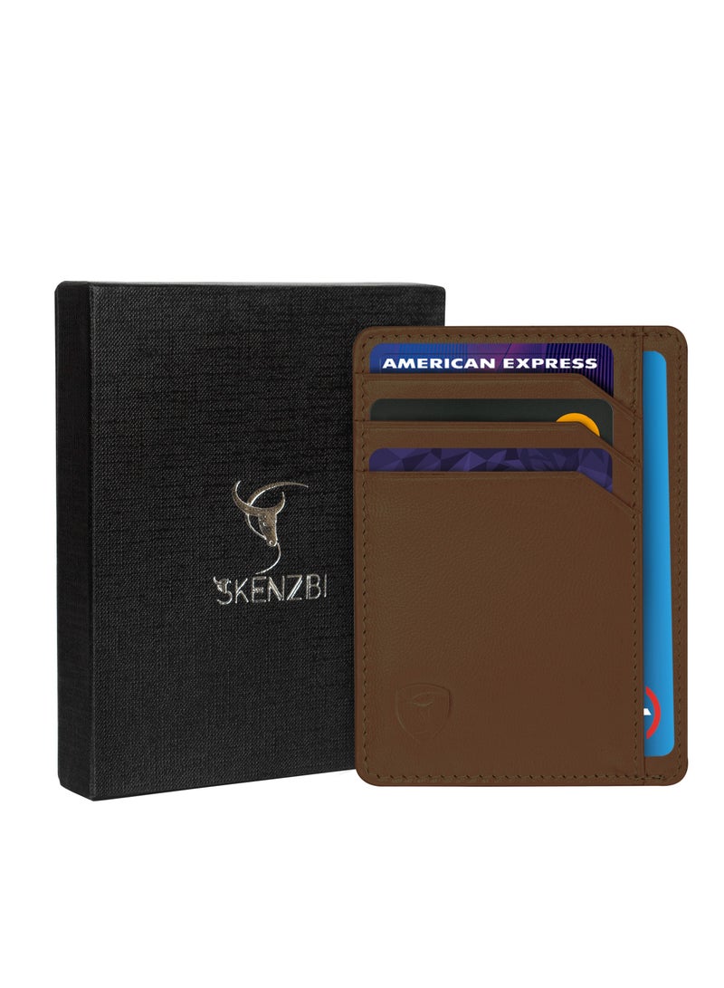 SKENZBI Slim Credit Card Holder Minimalist Zip Wallet with coin pocket Brown - Image 5