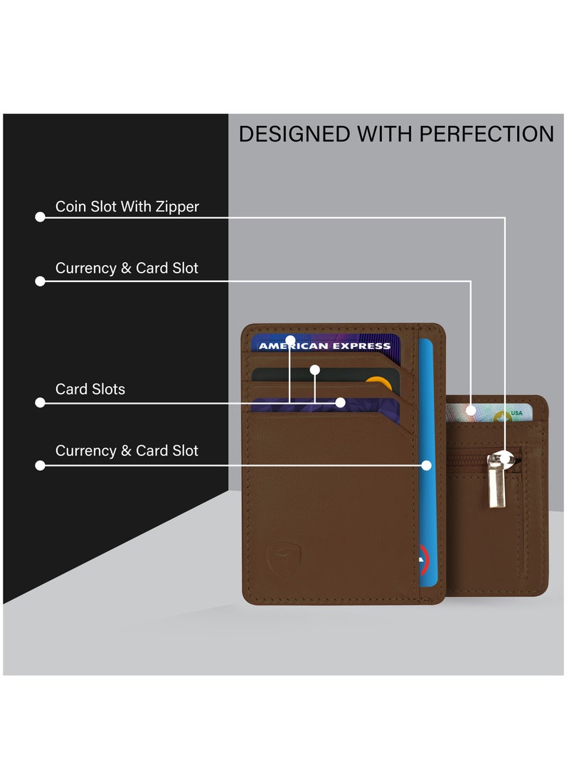 SKENZBI Slim Credit Card Holder Minimalist Zip Wallet with coin pocket Brown - Image 4