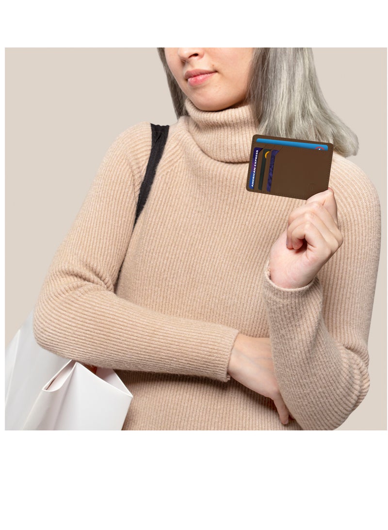 SKENZBI Slim Credit Card Holder Minimalist Zip Wallet with coin pocket Brown - Image 3