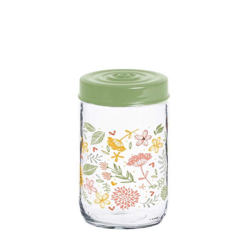 Herevin 660ml Glass Spice Jar with Decorative PP Green Lid Botanic, Transparent - Image 1