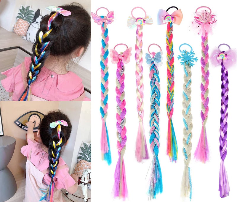 Messen 8 Pieces Colored Braids Hair Extensions with Rubber Bands Ponytails Hair Bows Rainbow Color Synthetic Hairpieces Glitter Braided Hair Extensions for Women Kids Girls Party Highlights Cosplay Dress Up