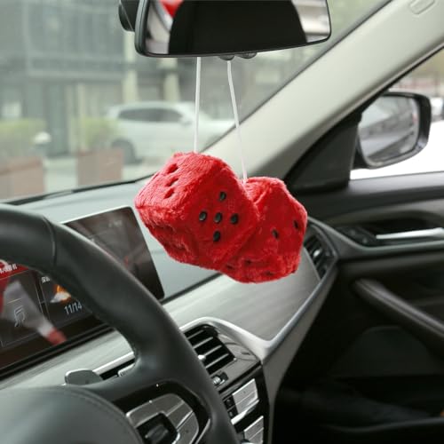 YGMONER Red Fuzzy Dice for Rear View Mirror, Pair of 2.75" Plush Dice Retro Hanging Ornaments Car Interior Rearview Mirror Decor Accessories (Red) - Image 2