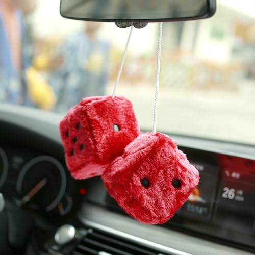 YGMONER Red Fuzzy Dice for Rear View Mirror, Pair of 2.75" Plush Dice Retro Hanging Ornaments Car Interior Rearview Mirror Decor Accessories (Red) - Image 3