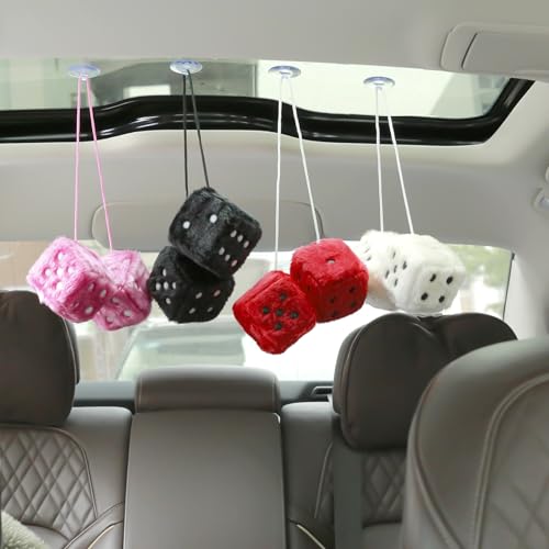YGMONER Red Fuzzy Dice for Rear View Mirror, Pair of 2.75" Plush Dice Retro Hanging Ornaments Car Interior Rearview Mirror Decor Accessories (Red) - Image 4