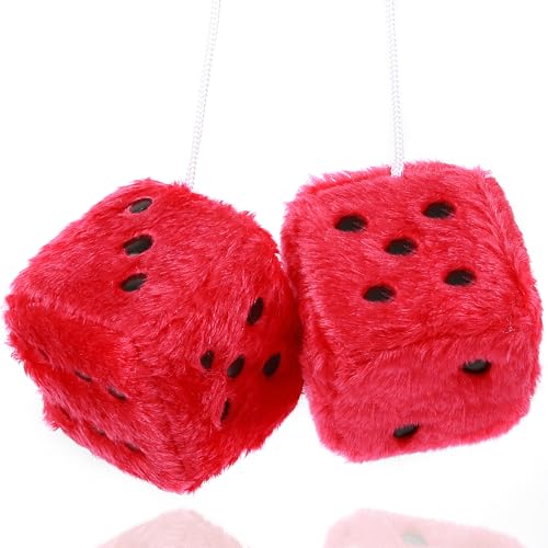 YGMONER Red Fuzzy Dice for Rear View Mirror, Pair of 2.75" Plush Dice Retro Hanging Ornaments Car Interior Rearview Mirror Decor Accessories (Red) - Image 1